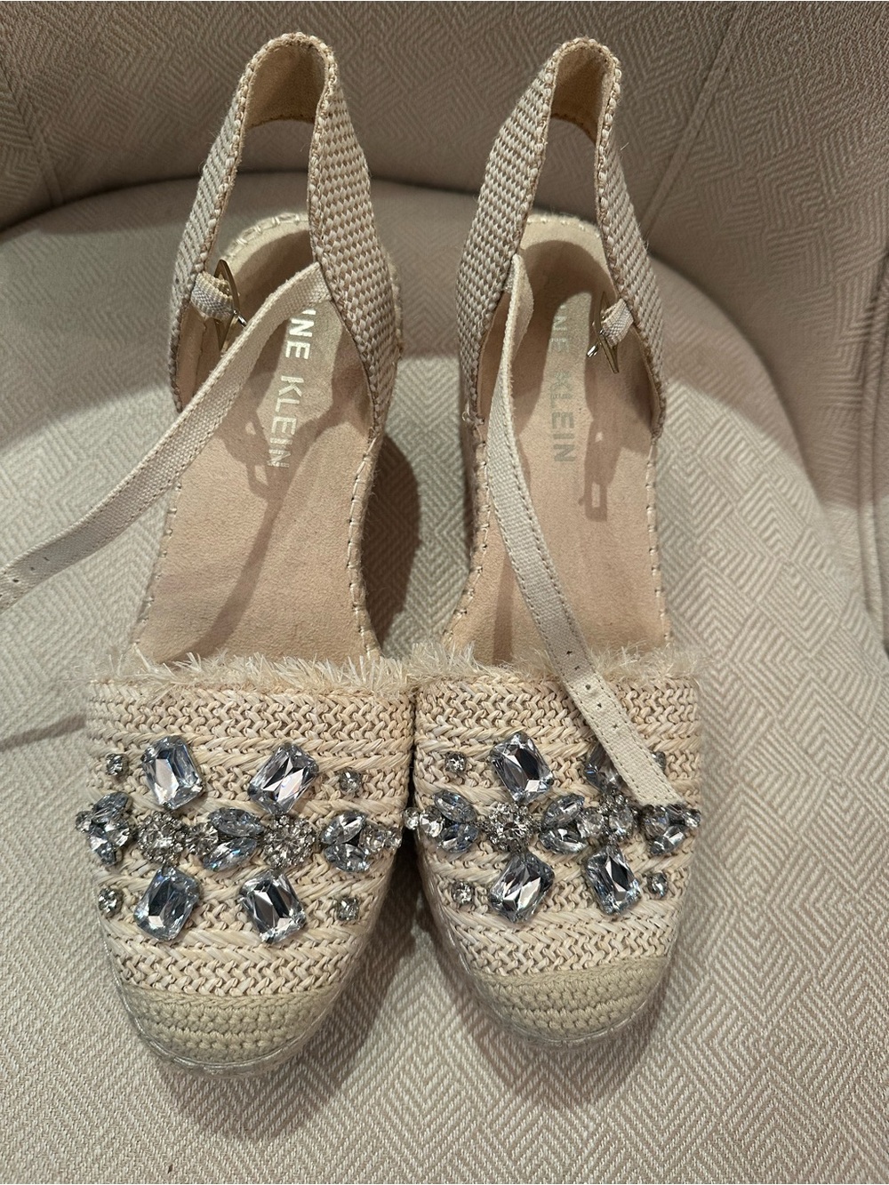 Nine West Cream Woven Espadrille Wedges with Crystal Accents